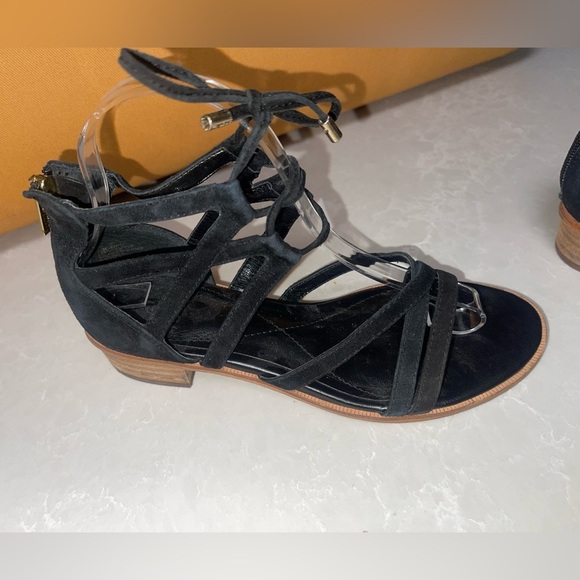 Black Suede heeled Gladiator Sandals with Crisscross Straps - Picture 1 of 10